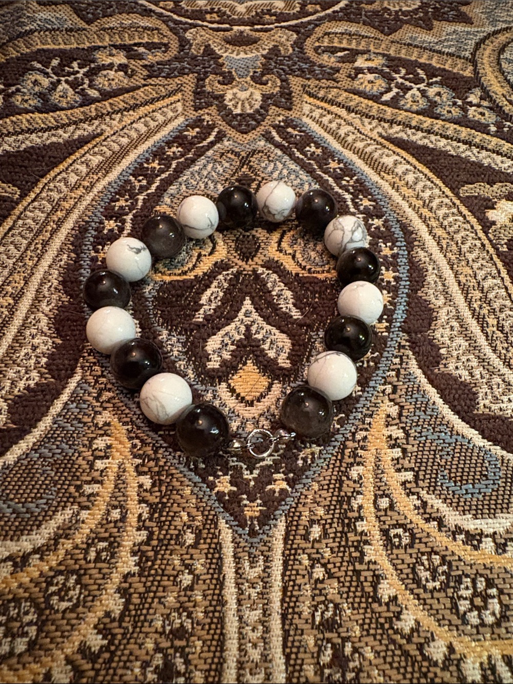 Silver Obsidian and White Turquoise Beaded Stretch Bracelet - Classic Contrast